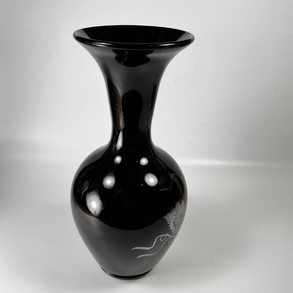 Fenton Silver Poppies On Ebony Black Burnished Silver Vase Hand Painted Signed - Picture 5 of 15